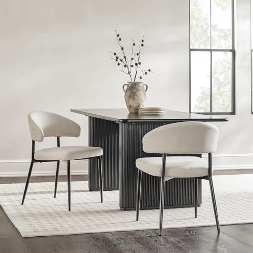 Walker Edison Modern Curved Back Upholstered Dining Chair with High-Performance Woven Upholstery and Powder Coated Steel Base, 2pk, Ivory by Walker Edison - Used condition - Image 2