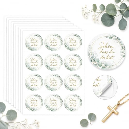 120 Stück Schön dass du da bist 4cm Goldfarbene Schrift Grünes Eukalyptus Motiv Etiketten Selbstklebend Stickers Geschenkaufkleber für Kommunion Umschlägen Hochzeit Geschenktüten