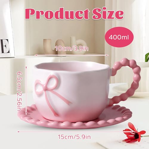 Bow Cup and Saucer Set 350ml Pink Bow Ceramic Coffee Mug Cute Mug Gifts for Women Girl Daughter Sister Bestie Friends Birthday Preppy Pink Stuff for Home School Office Use - Image 3