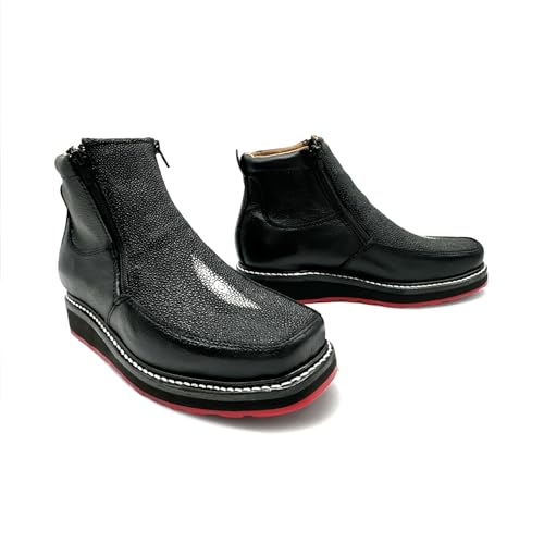 Men’s Black Leather Square Toe Short Ankle Stingray Print Embossed Cowboy Boot4