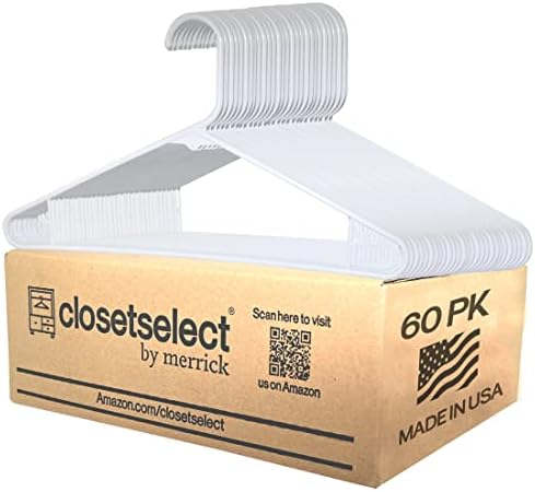 60 Pack White Plastic Hangers Made in USA with Bar Hooks, for All Clothing Types, Closet Organizer, 60 Pk Lightweight Standard Tubular Hanger Notch Less for Organizing