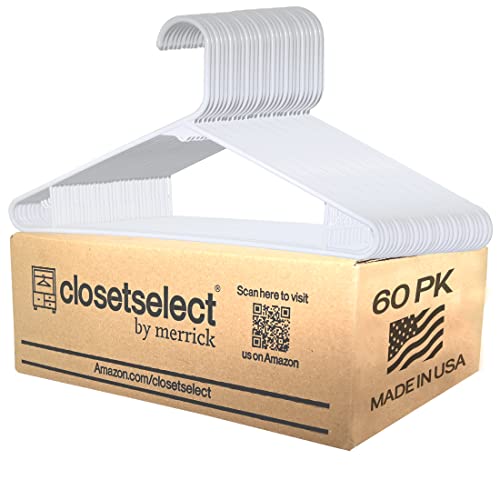60 Pack White Plastic Hangers Made In Usa With Bar Hooks, For All Clothing Types, Closet Organizer, 60 Pk Lightweight Standard Tubular Hanger Notch Less For Organizing #TOP1