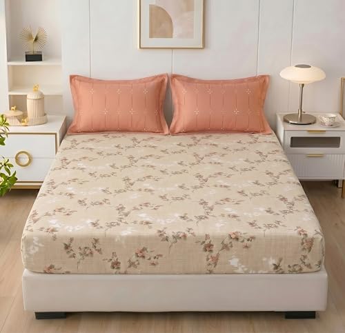 Image of HOMEKART Cotton Contrast Fitted Bedsheet for King Size Bed 72x72+10 Inch with 2 Pillow Covers 17x27 Inch | All Round Elastic | TC 144 Soft, Breathable Floral Printed Bedsheet (Ivory Blossom Elegance)