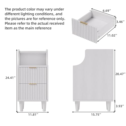 Image of Narrow Nightstand Set of 2,11.8 inch Fluted Bedside Table Set of 2, Slim Side End Table with 2 Drawers, Wooden Bedside Table, White Wood Night Stand for Bedroom Livingroom Sofa Office