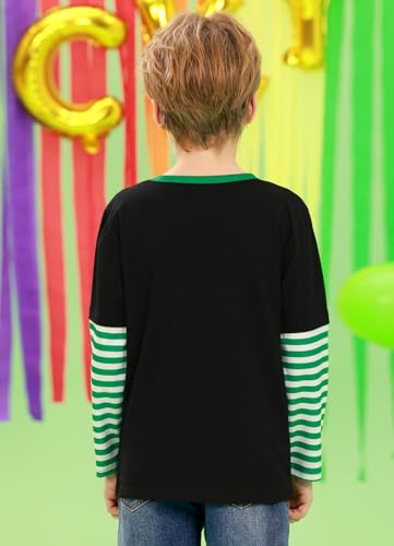 Image of Unisex Kid's St Patrick's Day Shamrock Top Striped Patchwork Irish Clover Long Sleeve Shirt 4-14 Years