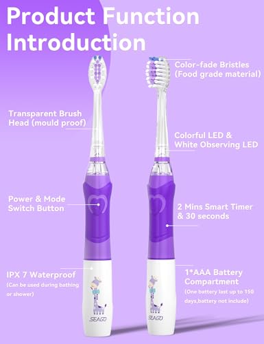 Seago Elektrische Zahnbürste Kinder ab 3-12 jahre Kinderzahnbürsten Elektrisch mit Farbigem Licht Smart Timer 8 Weich Bürstenköpfes Wasserdicht Baby Schallzahnbürste SG977 (Violett-8) – Bild 5