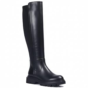 Womens Knee High Boots Lightweight Spandex Fabric Comfortable Round Toe Side Zipper Platform Chunky Heel Easy Match Wide