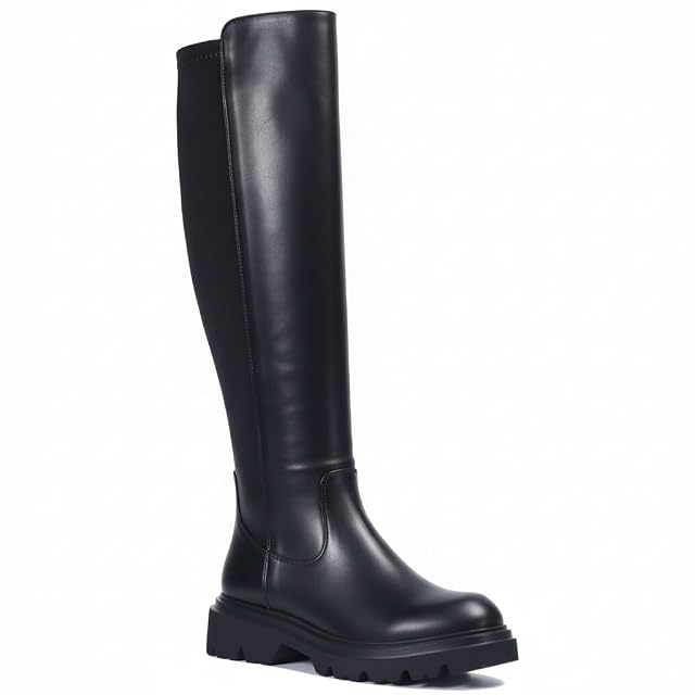 Womens Knee High Boots Lightweight Spandex Fabric Comfortable Round Toe Side Zipper Platform Chunky Heel Easy Match Wide