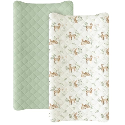 Image of Konssy Waterproof Muslin Changing Pad Cover 2 Pack, Quilted Cotton Fitted Diaper Changing Table Cover, Soft Changing Pad Sheets for Girls Boys (Woodland, Sage)