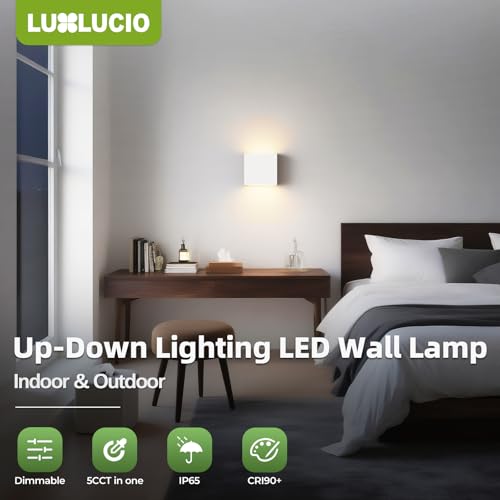 LUXLUCIO 2 Pack Indoor Outdoor White Up and Down LED Wall Light, Modern Bedroom/Porch Wall Lamp, IP65 Waterproof, 5%-100% Dimmable 18W 1620lm, 5CCT (2700K-5000K), CRI90+, 120V-277V by LUXLUCIO - Image 2
