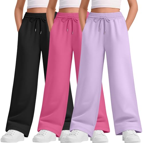 LessonZoo 3 Packs Teen Girls Sweatpants Wide Leg Drawstring Baggy Pants Straight Leg Athletic Trousers with Pockets Size 5-14(Light Purple, Rose Red, Black,7-8 Years)