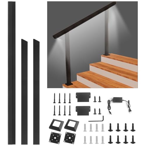 Aotree Outdoor Stair Railing Kit with LED Lighting - Aluminum Handrail for 3-4 Steps, Waterproof & Easy Install for Deck, Porch, Garden