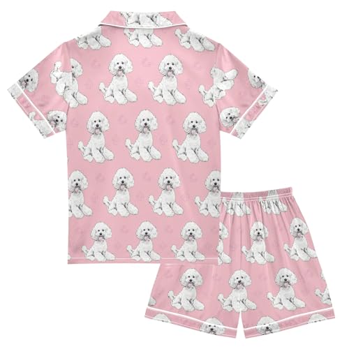 White Poodle Dog Prints Pattern Summer Satin Pajama Set, Cute Button-Down Sleepwear Pj Set for Sleep Wears2