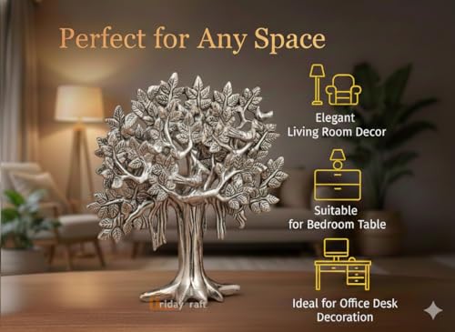 Image of Metal Kalpavriksha Tree for Home Decor - Golden Wish Fulfilling Tree Metal Showpiece for Temple, Vastu, Office Table & Gifting Banyan (No 2 Silver)