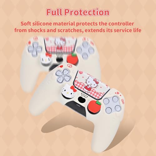 Image of Kuitmor Silicone PS5 Controller Cover Skin Set, Anti-Slip Soft Protective Case for PS5 Wireless Controller with 2 Thumb Grip Caps and 1 Sticker (Beige Hello Kitty)