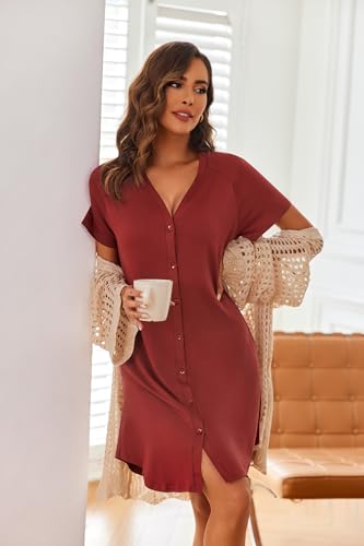 Image of Ekouaer 3 Pack Women's Nightshirt Button Down Nightgown Short Sleeve Sleepshirt V Neck Pajama Dress with Pockets
