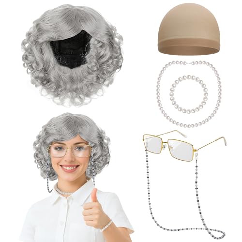 Huskein 100 Days of School Costume, Old Lady Costume for Kids with Grey Old Lady Wig for 100th Day of School Dress Up