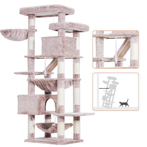 Image of Heybly Cat Tree, 71-Inch-Tall Tower for Indoor Cats with 2 Perches HCT034MU | Large Cat Furniture with 2 Big Condos, 2 Hammocks, Basket, Scratching Pad, Multi-Level Cat Condo, Rosy Brown