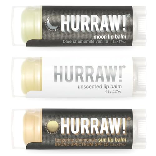 Hurraw! 3 Bálsamos Labiales [Moon -Tratamiento Nocturno-, Sin Aroma, Sun -SPF 15-] Orgánico, Vegano Certificado, Cruelty Free y Sin Gluten. 100% Ingredientes Naturales. Sin Abejas, Soja ni Palma.