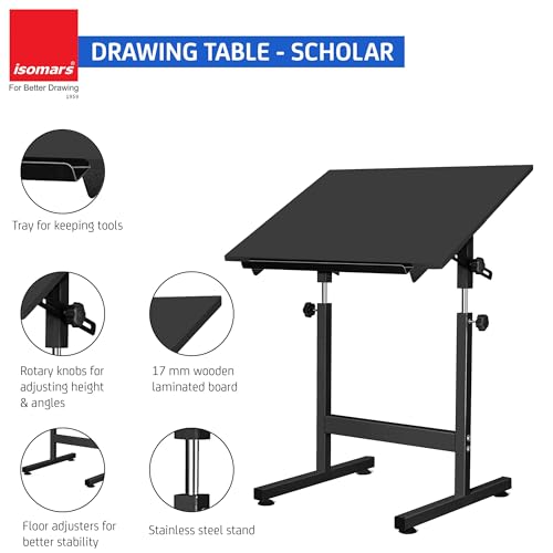 Image of Isomars Drawing & Drafting Table - Scholar - A1 (Full Imperial) Drafting Board Stand with Adjustable Height and Angles, Ideal for Architects, Engineers, Designers & Artists Students and Professionals