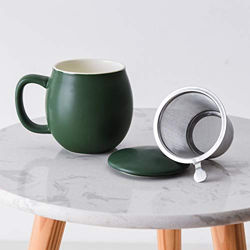 Image of Yundu 12 OZ Matte Green Ceramics Teacup with Infuser and Lid, Mug with Lid for Steeping - Stainless Steel Infuser for Loose Leaf Tea, Home Office Gift for Tea Lovers