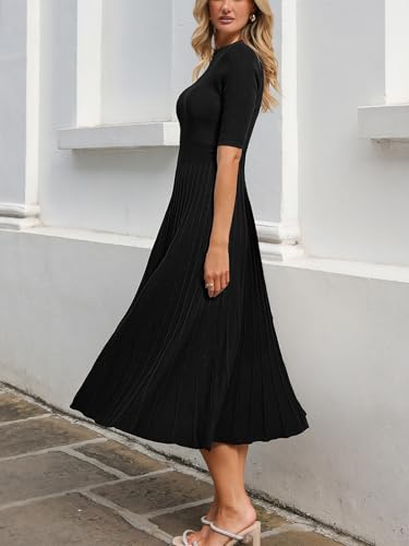 Image of CUPSHE Fall Dresses for Women 2025 Round Neck Half Sleeve Ribbed Knit Pleated A Line Fitted Midi Pullover Sweater Dress