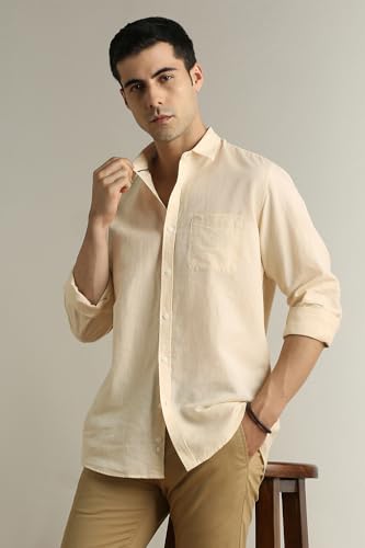 Image of Peter England Men's Solid Linen Blend Shirt Slim Fit| Casual Wear | Full Sleeves