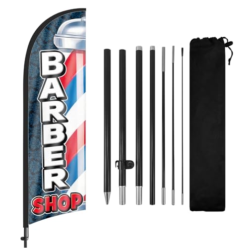 FSFLAG Barber Shop - Bandeira de penas com kit de mastro de bandeira e estaca de chão, 8,2 pés, bandeira sem vento, sinal de bandeira para publicidade ao ar livre (preto)