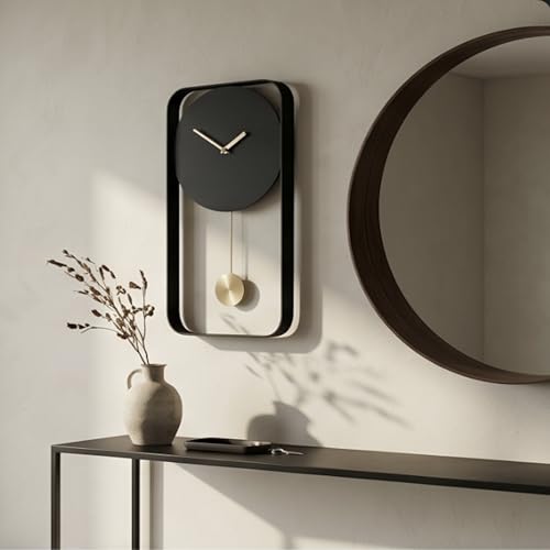 Image of The Artment your artistic apartment Black Mono Clock Modern Minimalist Wall Mounted Pendulum Clock, Brushed Metal Finish, Sculptural Luxury Decor for Living Room, Bedroom, Home & Office Interiors