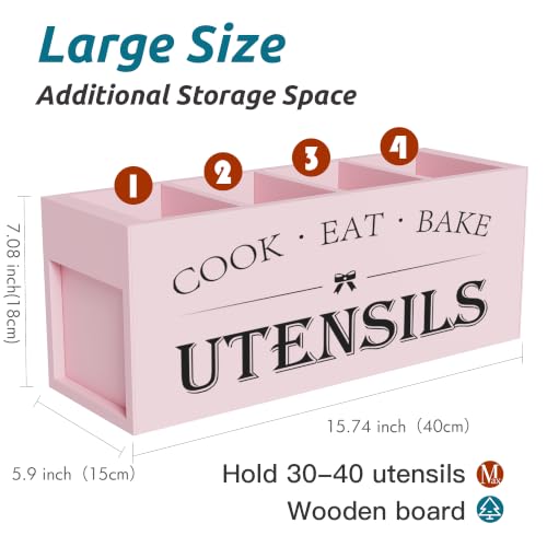 Image of Suli Extra Large Kitchen Utensils Holder with 4 Compartments, Wooden Utensil Organizer for Kitchen Countertop, Farmhouse Kitchen Decor, Rustic Cooking Utensil - Pink
