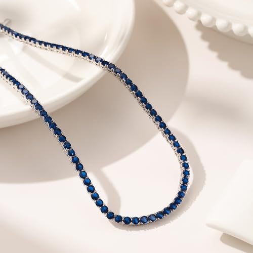Blue Tennis Necklace for Women, Dainty Cubic Zirconia Choker Chain, Elegant Blue Rhinestone Jewelry Gift for Party or Daily Wear2