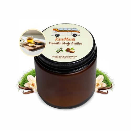 Vanman's Whipped Tallow - Vanilla Body Butter - Body Moisturizer with Grass-Fed/Finished Beef Tallow for Skin, Vanilla Planifolia Oil, Organic Shea Butter, Cold Pressed Olive Oil, and Raw Honey - 4 oz