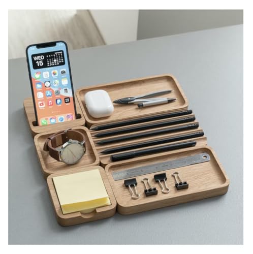 Image of Wooden Desk Organizer with Phone Stand, Multi-Compartment Stationery Holder, Natural Wood Finish (STYLE-4)