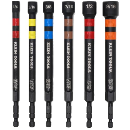 Klein Tools 32940 SAE Magnetic Hollow Impact Nut Drivers Set, 6-Piece Color Coded Hollow Power Nut Driver with Extended Reach, 6 SAE Sizes