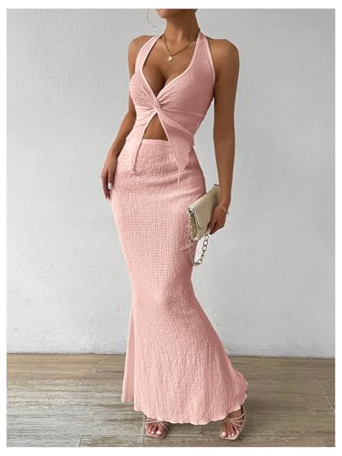 Image of SOLY HUX Women's Two Piece Outfits Twist Front Halter Cami Tops and Skirt Summer Set