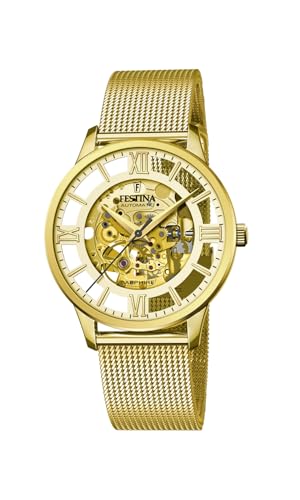 Festina Montre Homme Automatique en Acier Inoxydable 316L Doré Montre Analogique Homme - Verre...