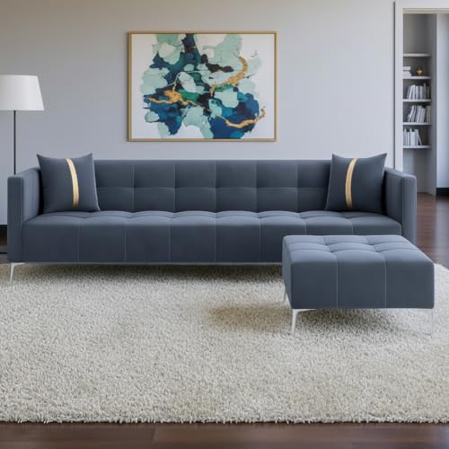 Image of Furny Homeland 4 Seater Fabric Sofa Set with Ottoman (Grey) | Soft Velvet Fabric | Modern Design | Comfortable Seating | Living Room Furniture
