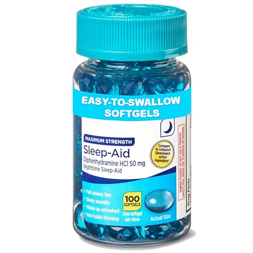 Maximum Strength Nighttime Sleep-Aid Softgels 50 mg Diphenhydramine HCl 100 Count (100-Day Supply) Non-Habit Forming Sleep Support Helps You Fall Asleep Fast & Stay Asleep All Night