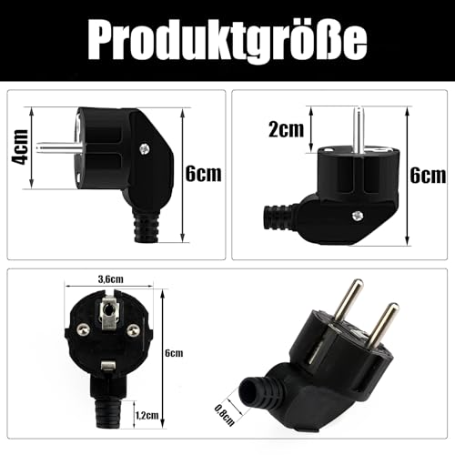 Powice 4 Stück Schuko Stecker,Stecker,Schuko Stecker Wasserdicht,Schukostecker,Spritzwassergeschützter Stecker 230V mit Zugentlastung, (Schwarz+Weiß)