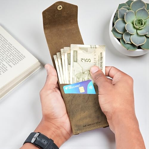 Image of The Wallet Store Flip Genuine Leather Vertical Slim Wallet for Men | Pull-String Quick Card Access | Compact Front Cash Pocket & Button Lock | Minimalist Travel & Daily Carry Wallet (Green)
