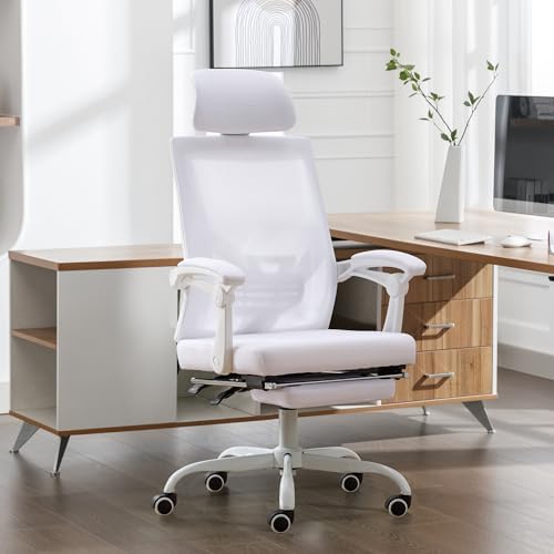 UEV Silla de Oficina Ergonómica con Reposapiés, Silla de Escritorio con Reposacabezas Ajustable, Soporte Lumbar, Regulable en Altura, Inclinable, hasta 136 kg, Tejido Transpirable, Blanco