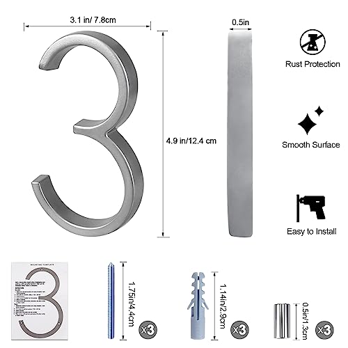 House Address Numbers For Outside, Metal Modern House Numbers, Garden Door Mailbox Number Sign With Nail Kit, Silver(Number 3) #TOP5