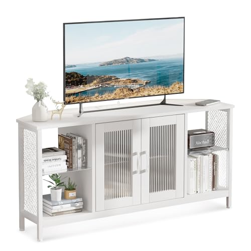 Uniheim TV Stand with Glass Storage Cabinets and Power Outlet, White TV Stand for 32/45/55 inch TVs, Entertainment Center with LED Light for Living Room, 46inch Small Tv Stand for Bedroom