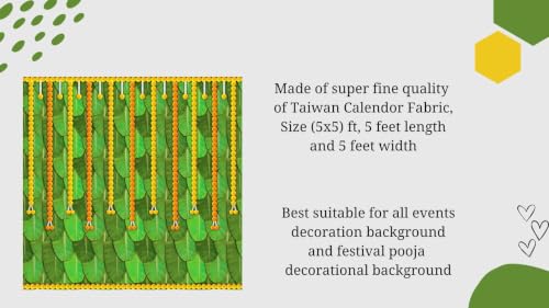 Image of Banana Leaf Design Back Decoration Pooja Cloth | Traditional Banana Leaf Background with Orange & Yellow Banthi Puvvu Marigold Garlands Toran Backdrop | varalakshmi Pooja Backdrop Decoration 5x5 feet