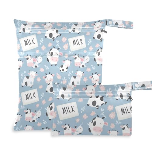 Coikll Wet Dry Bags for Cloth Diaper 2 Pack Waterproof Yoga Gym Bag for Swimsuit Wet Clothes Baby Items-?Cute Milk Cow (3)?