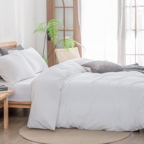 Image of BESTOUCH Cotton Solid Duvet Cover Set Linen Feel Bright White Alaska King | 100% Washed Cotton, Soft Wrinkle Texture, Hidden Zipper, 8 Ties, Breathable Lightweight Durable Comfy, 3 Pcs No Insert