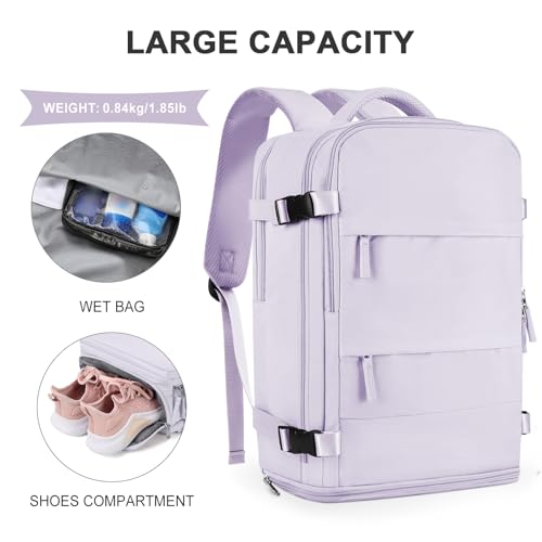 Image of coowoz Large Travel Backpack For Women Men,Carry On Flight Approved,Hiking Waterproof Outdoor Sports Rucksack Casual Daypack Fit 15.6 Inch Laptop Shoes Compartment (Purple)
