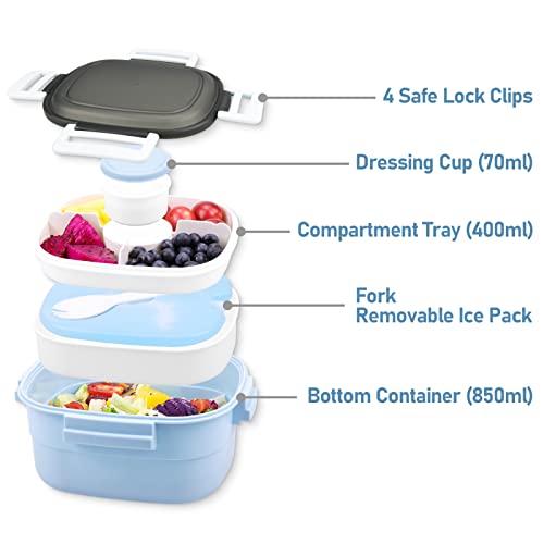Fithome Freezer Lunch Box Container,1.3L Reusable Salad Lunch Containers With Built-In Ice Pack & Fork,Leakproof,Bpa-Free-3 Compartments For Adults #TOP2