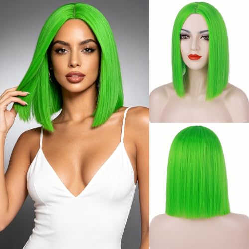 Tereshar Neon Green Wigs for Women Short Lime Green Bob Wigs for Women’s Costume Straight Colorful Cosplay Halloween Party Wig (12 inches)