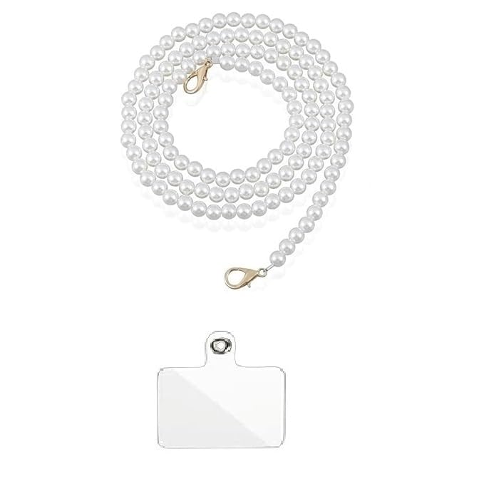 Image of KHOLAD White Bow Phone Chain Crossbody Pearl Strap | 2in1 Wrist & Shouler Crossbody Lanyard | Pearl Beads Charms Chain with Phone Tether Patches | Compatible with Most Phones, Bag, Purse